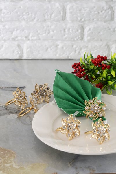 TR Turan Collection Broş 6-Piece Gold Luxury Napkin Ring, Flower Model Crystal Stone Napkin Ring