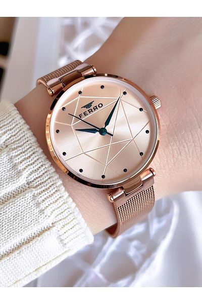 FERRO Rose Gold Anti-Tarnish Color Throw 3 Atm Special Design Women's Wristwatch with Straw Cord BF40-087
