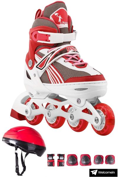 welcomein Red Lighted Adjustable Silicone Caster Metal Practice Skating Helmet Knee Brace Elbow Brace Set