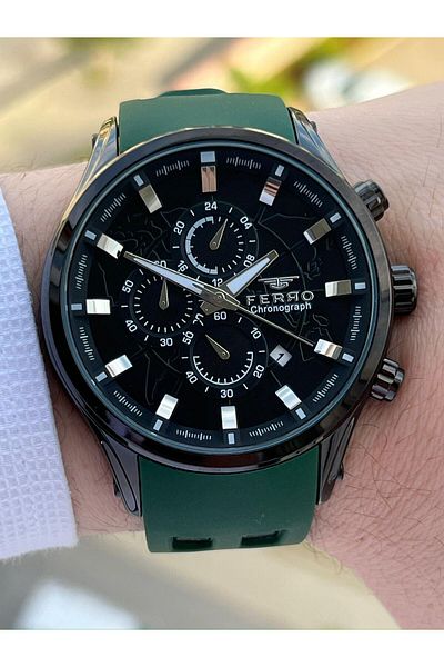 FERRO Interior Functions Active Green Color Silicone Cord 30 Mt Waterproof Men's Wristwatch EF31354-