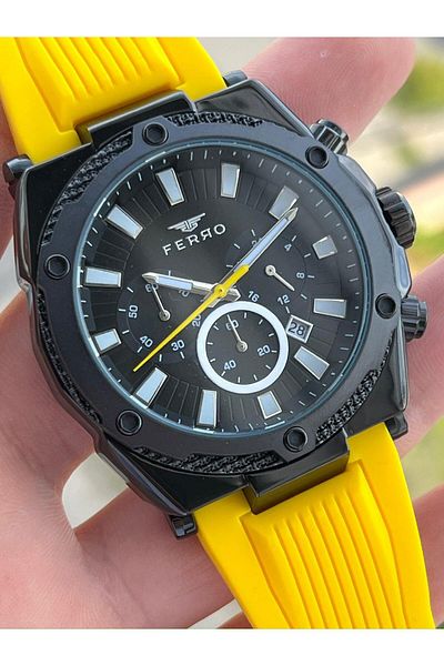 FERRO Inner Functions Active Yellow Color Silicone Cord 30 Mt Waterproof Men's Wristwatch EF31396-ZN