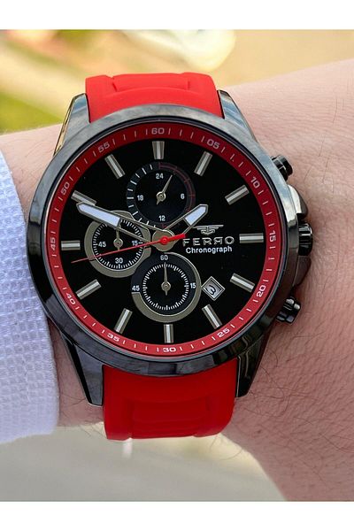 FERRO Inner Functions Active Red Color Silicone Cord 30 Mt Waterproof Men's Wristwatch EF31359-ZK