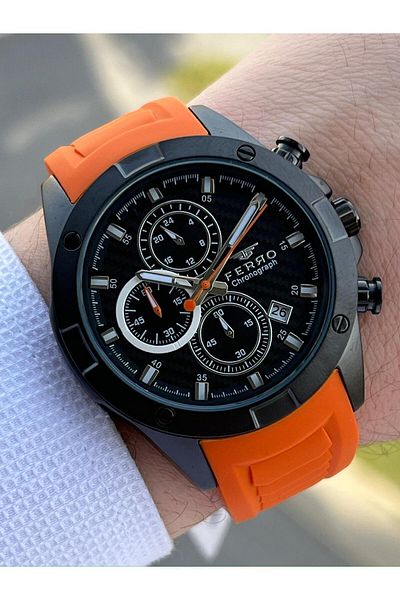 FERRO Inner Functions Active Orange Color Silicone Cord 30 Mt Waterproof Men's Wristwatch EF31361-ZL