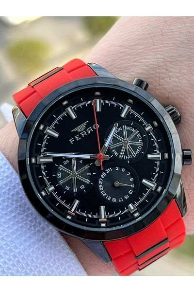 FERRO Inner Functions Active Red Color Silicone Cord 30 Mt Waterproof Men's Wristwatch EF11360-ZK