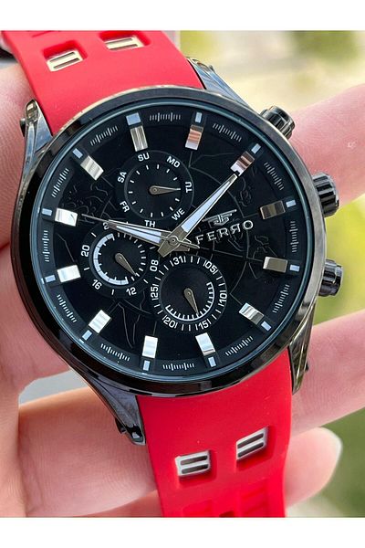 FERRO Inner Functions Active Red Color Silicone Cord 30 Mt Waterproof Men's Wristwatch EF11345-ZK