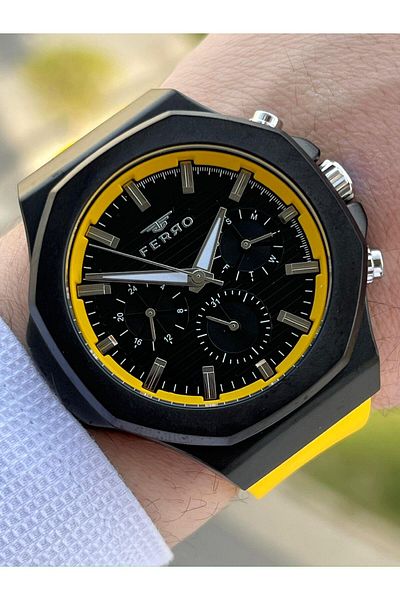 FERRO Inner Functions Active Yellow Color Silicone Cord 30 Mt Waterproof Men's Wristwatch EF11348-ZN