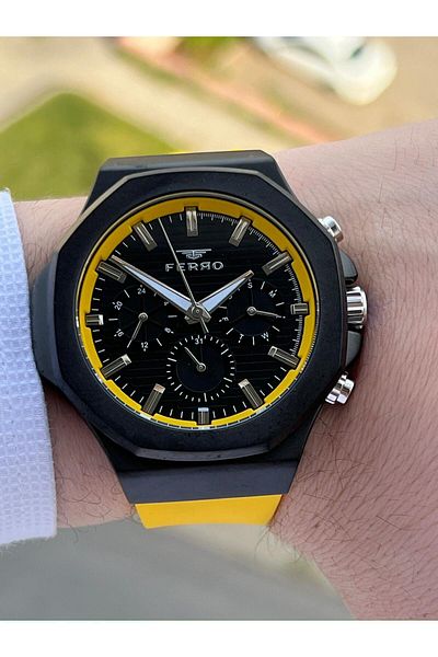FERRO Inner Functions Active Yellow Color Silicone Cord 30 Mt Waterproof Men's Wristwatch EF11348-ZN