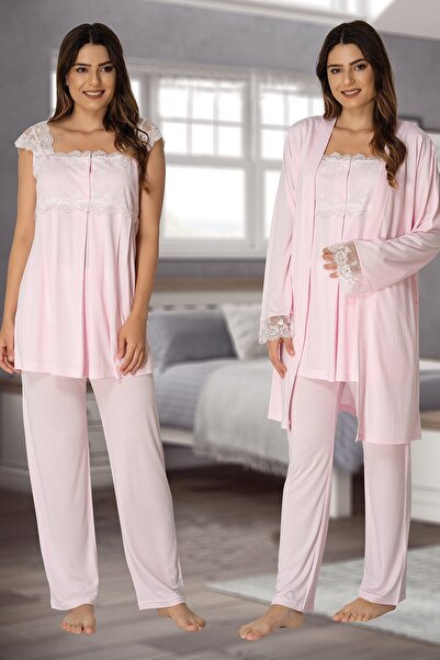 Lohussa Kadın Pudra Dantelli Yazlık Pamuk Penye Hamile Lohusa Sabahlık Pijama...