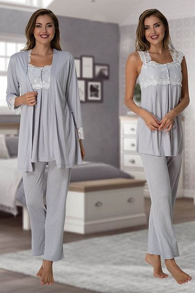 Lohussa Women's Gray Lace Summer Cotton Combed Maternity Maternity Dressing Pajama Set