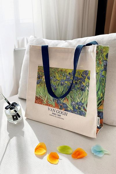 Buka Shops Van Gogh IRISES 1889 - حقيبة حمل بمقبض ملون