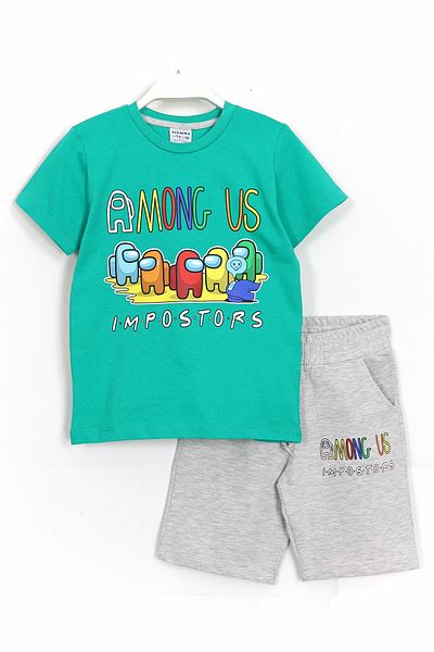 DobaKids Among Us Printed Boys' Summer 2-Piece Set 4-11 Years Green Gray
