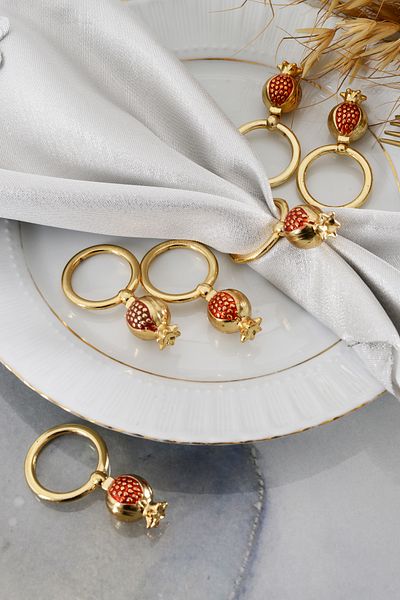 TR Turan Collection NAR 6 τεμαχίων χρυσό πολυτελές δαχτυλίδι χαρτοπετσέτας - κόκκινο μελανιασμένο διακοσμημένο δαχτυλίδι με ρόδι