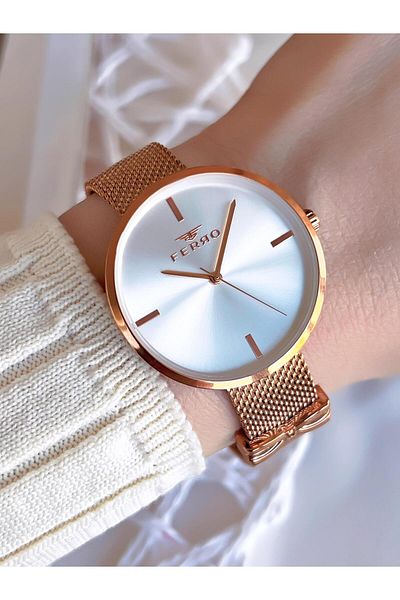 FERRO Rose Gold Anti-Tarnish Color Throw 3 Atm Special Design Women's Wristwatch with Straw Cord BF21045CWT-C