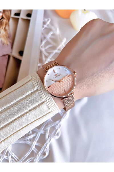 FERRO Rose Gold Anti-Tarnish Color Throw 3 ATM Special Design Women's Wristwatch with Straw Cord 1224CWT-C