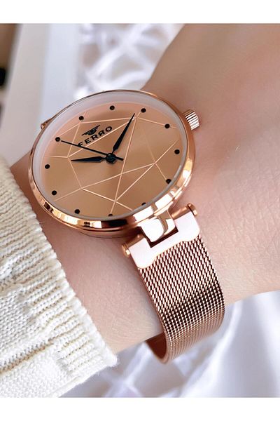 FERRO Rose Gold Anti-Tarnish Color Throw 3 Atm Special Design Women's Wristwatch with Straw Cord BF40-087