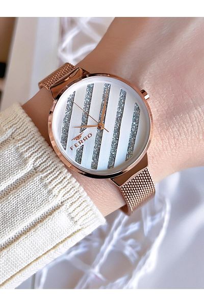 FERRO Rose Gold Anti-Tarnish Color Throw 3 Atm Special Design Women's Wristwatch with Straw Cord BF21153CWT-C