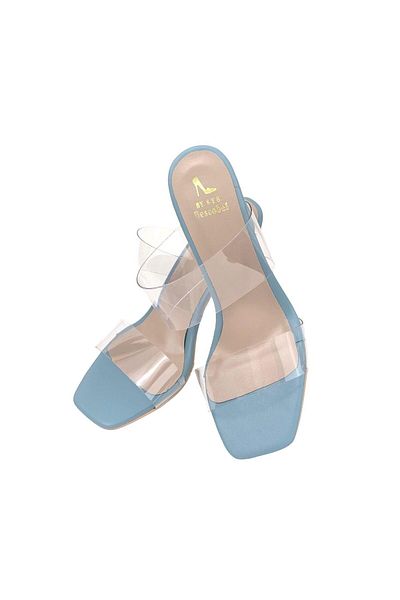 bescobel Papuci de damă Edva Baby Blue cu bandă transparentă, cu toc șampanie