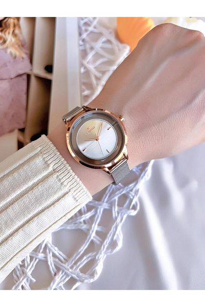 FERRO Straw Cord Silver/Rose Anti-tarnish Color Anti-throw 3 Atm Special Design Women's Wristwatch BFL2123CWT-E