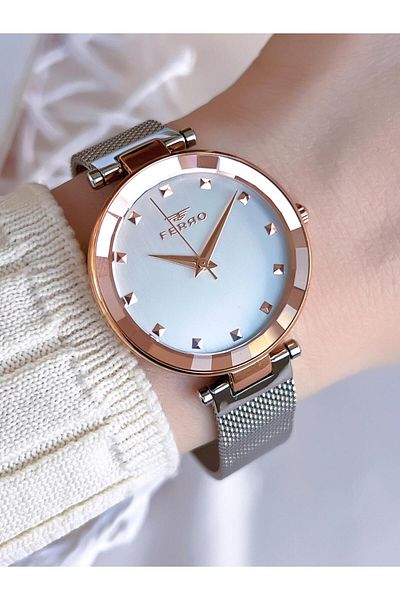 FERRO Silver/Rose Anti-Tarnish Color-Free 3 Atm Special Design Women's Wristwatch with Straw Cord B8C4012FE