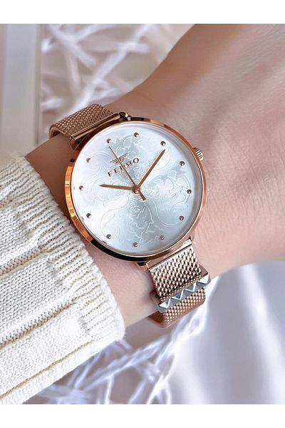 FERRO Rose Gold Anti-Tarnish Color Throw 3 Atm Special Design Women's Wristwatch with Straw Cord BF21087CWT-C