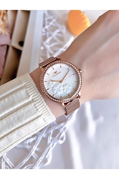 FERRO ساعة يد نسائية بتصميم خاص باللون الذهبي الوردي مقاومة للتشويه 3 ATM مع حبل من القش BFL21242-C