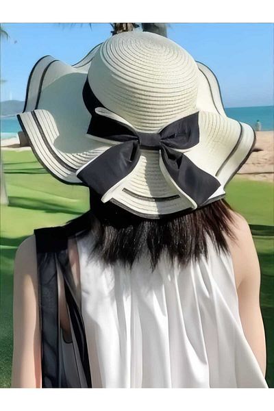 Mood Agenda Women's Wavy Wide Brim Bow Summer Organic Straw Hat