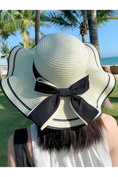 Trenderrs Women's Wavy Wide Brim Bow Summer Organic Straw Hat
