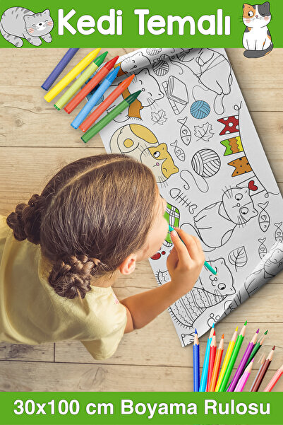 melolisa 30 CM Sevimli Kediler Dev Boyama Kağıdı 1 Metre Kedili Aktivite Rulo...