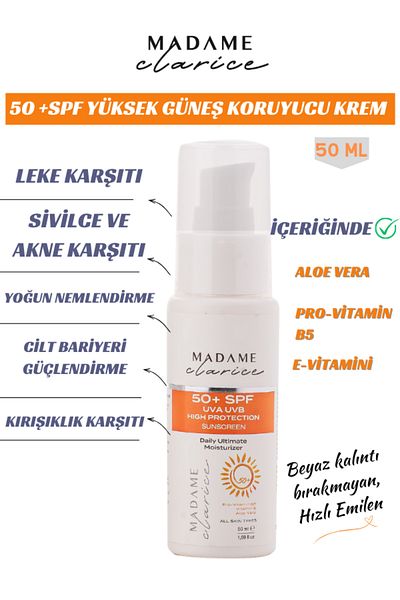 Madame Clarice High Protection SPF50 Facial Sunscreen - Aloe Vera, Vitamin E and Pro B5