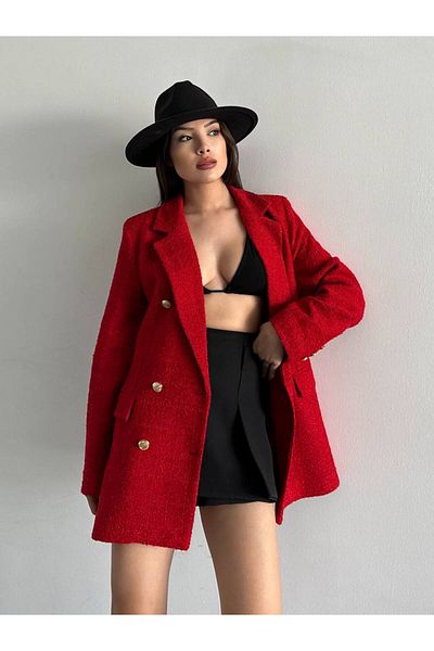 SONREİR DOUBLE-BREASTED COLLAR TWEED BLAZER JACKET WITH GOLD BUTTON DETAIL