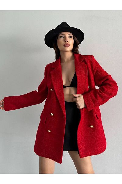 SONREİR DOUBLE-BREASTED COLLAR TWEED BLAZER JACKET WITH GOLD BUTTON DETAIL