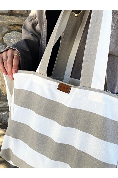 LUNAFEL Μπεζ-Λευκή ριγέ τσάντα χειρός και τσάντα ώμου - Αδιάβροχη λινό υφασμάτινη τσάντα