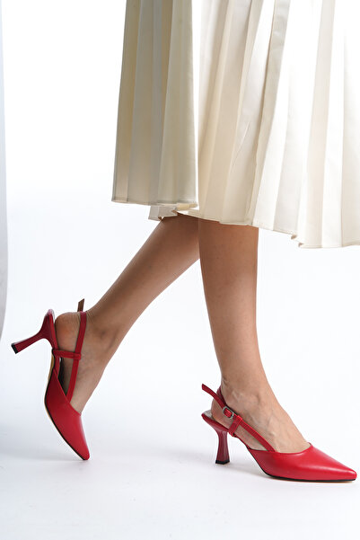 Ayakkabı Podyumum "YELDA" Kırmızı Cilt 9 cm Sivri Burun Arka Açık Tokalı Yeni Sezon