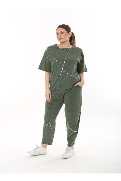 vividbutik Plus Size Cotton Washed 2-Piece Blouse Pants Set