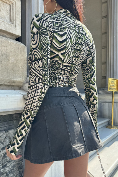 Yefrastore Γυναικείο πράσινο κορμάκι με πολλά σχέδια με λεπτομέρεια στα δάχτυλα και όρθιο γιακά