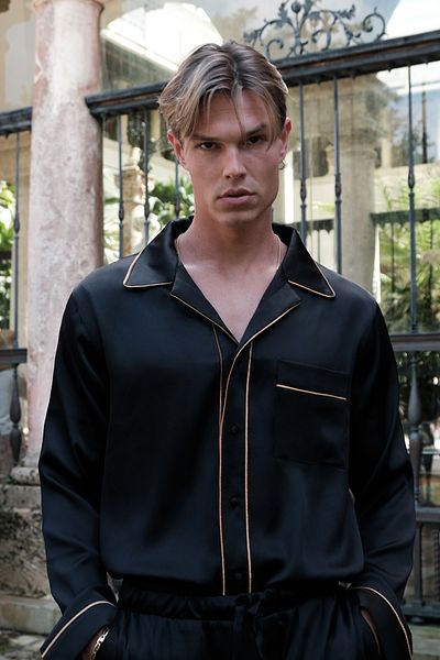 Dear Deer Luxury Black Silk Satin Pajama Set