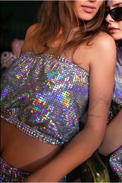 Hello Stranger Parlak Straplez Üst Disko Topu Bluz