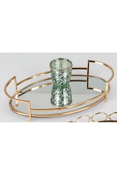 esdekor 36x22cm Oval Gold Renk Metal Aynalı Cam Tepsi 15inch Yuvarlak Makyaj Parfüm Banyo Krom 1 Adet