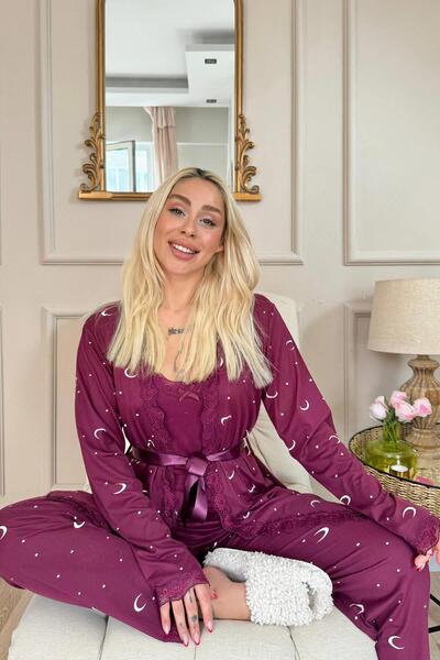 Pijamaevi Mürdüm Ay Yıldız Desenli Bambu Sabahlıklı Kadın Pijama Seti