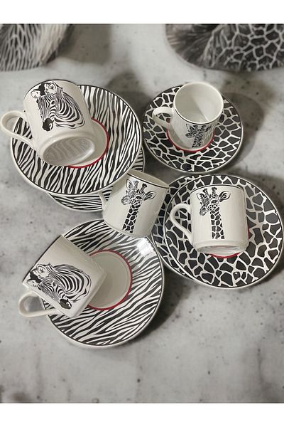 Artistic Quality Decorative Stylish Design Black and White Zebra and Giraffe Motif Coffee Cup Set for 6 People