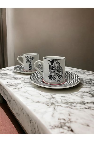 Artistic Quality Decorative Stylish Design Black and White Zebra and Giraffe Motif Coffee Cup Set for 2 People
