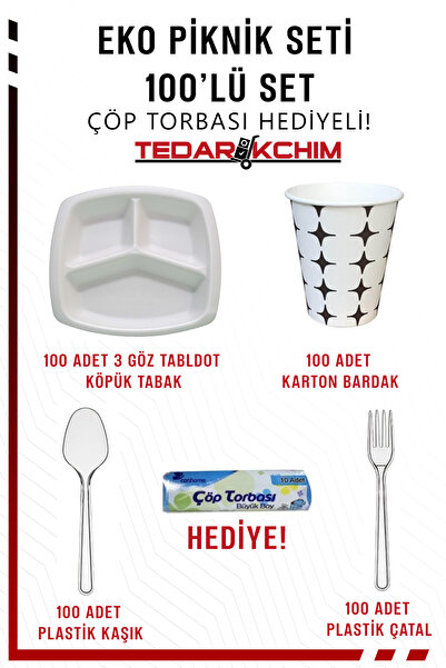 Koza End 3 Gözlü Köpük Tabak - Plastik Çatal,kaşık - Karton Bardak 100'lü Eko...