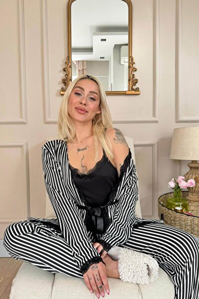 Pijamaevi Black Line Desenli Bambu Sabahlıklı Kadın Pijama Takımı