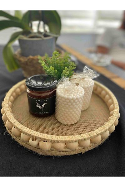 FN 25 cm Wicker Raffia - Wooden Small Beaded Decorative Tray, Natural Jute Tray for Bathroom and Home