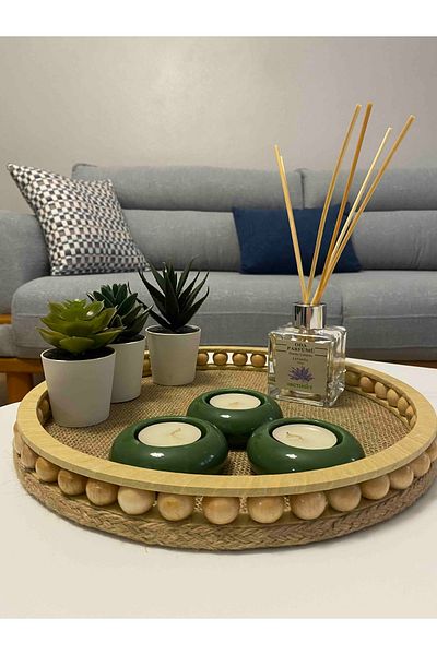 FN 25 cm Wicker Raffia - Wooden Small Beaded Decorative Tray, Natural Jute Tray for Bathroom and Home