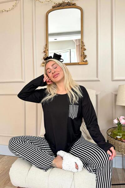 Pijamaevi Dámská sada pyžama z bambusu s dlouhým rukávem s černým proužkem