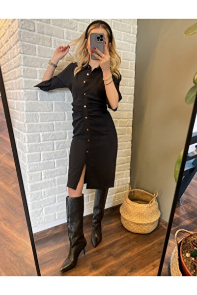 zeyDROP GOLD DÜĞMELİ ÖNÜ DRAPELİ ELBİSE