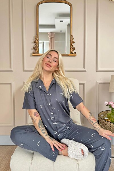Pijamaevi Anthracite Moon Star Patterned Bamboo Front Buttoned Short Sleeve Pajama Set