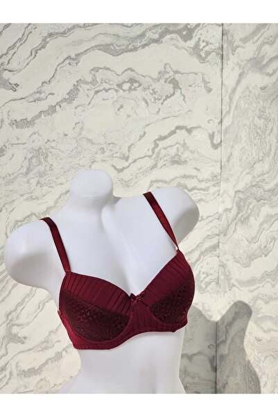 Bordo Fitilli Çizgili Balenli Sütyen Bordo