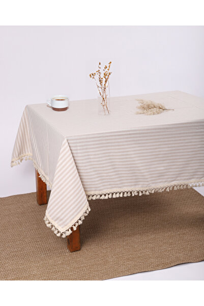 NDC HOME Τραπεζομάντηλο Μπεζ Ριγέ Λινό Πομπόν
